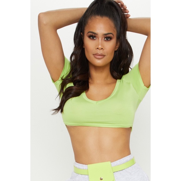 Neon Lime Jersey Short Sleeve V Neck Crop Top New - Picture 3 of 5